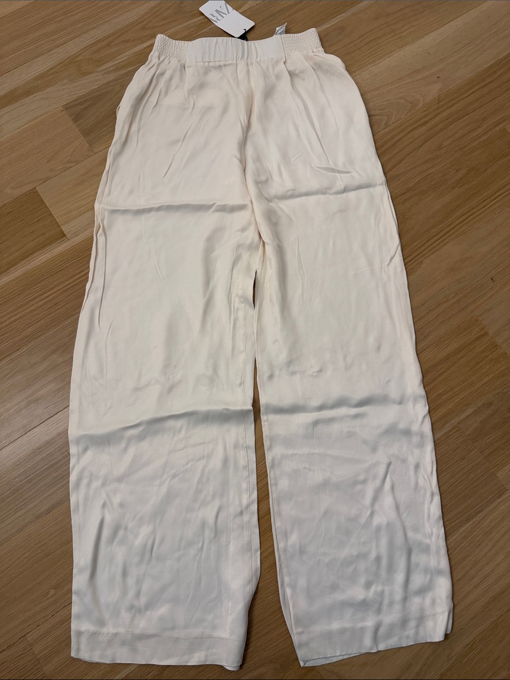 Zara Cream Wide-Leg Elastic Waist Satin Pants